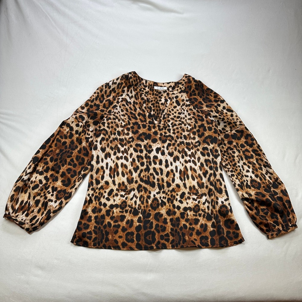 SIONI Animal Print Blouse Top Long Sleeve V Neck Leopard Brown Small